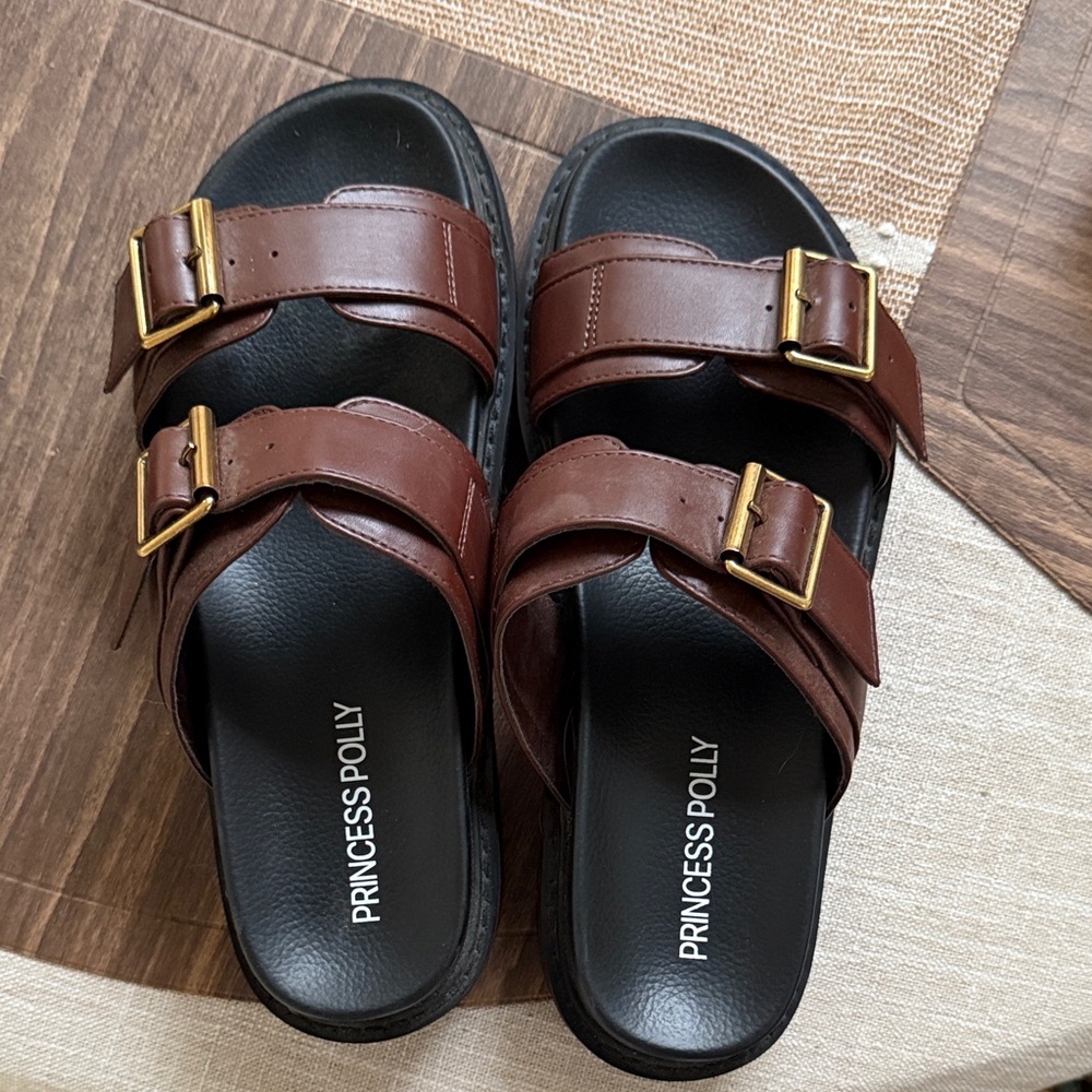 Princess Polly Brown Sandals with Gold Buckles